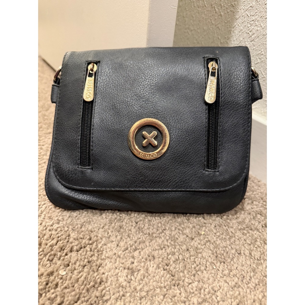 Mimco Black Pebbled Crossbody Bag Gold Hardware Logo Messenger